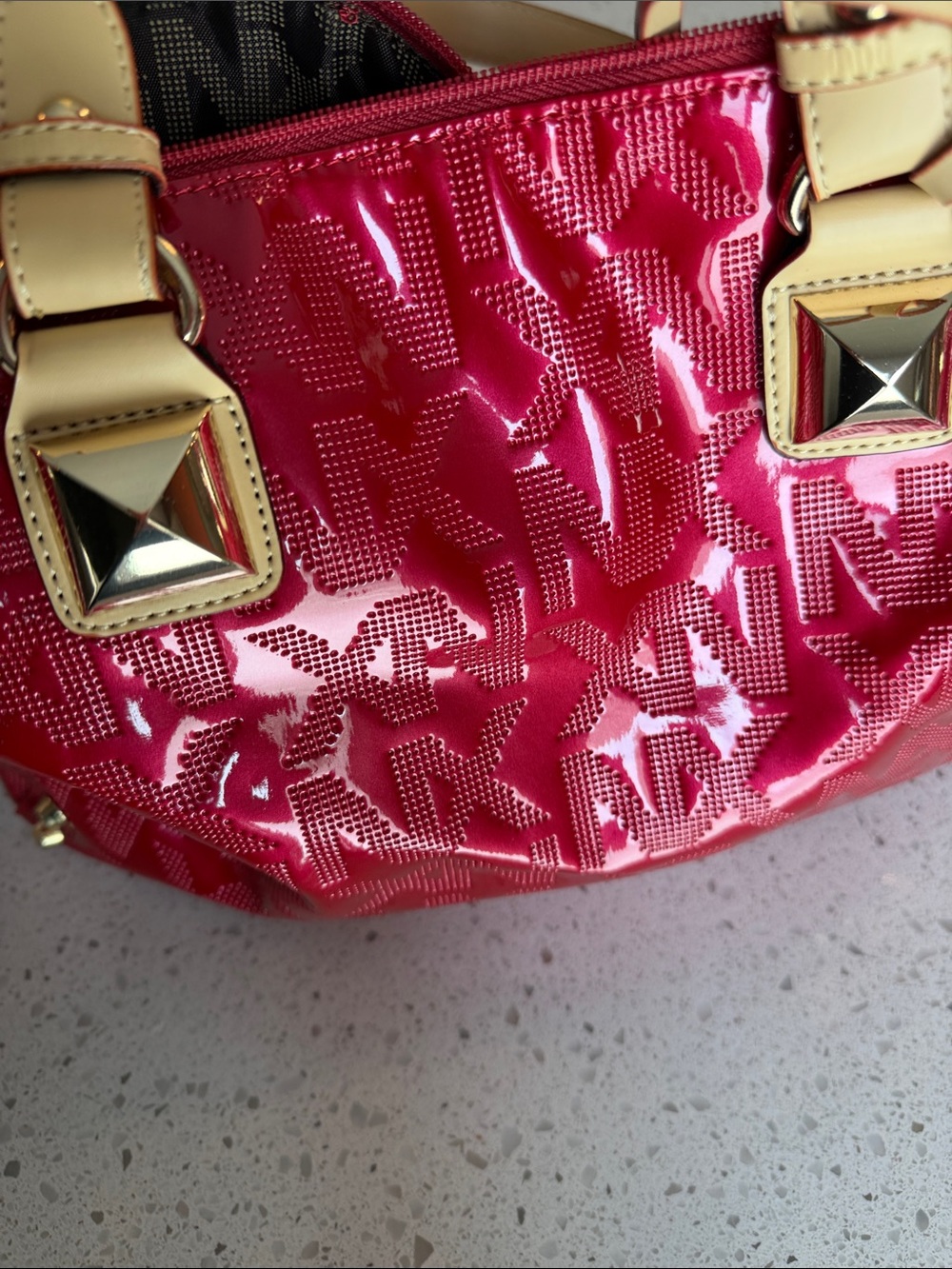 Patent Hot Pink Shoulder Bag with Tan Handles - Picture 10 of 10